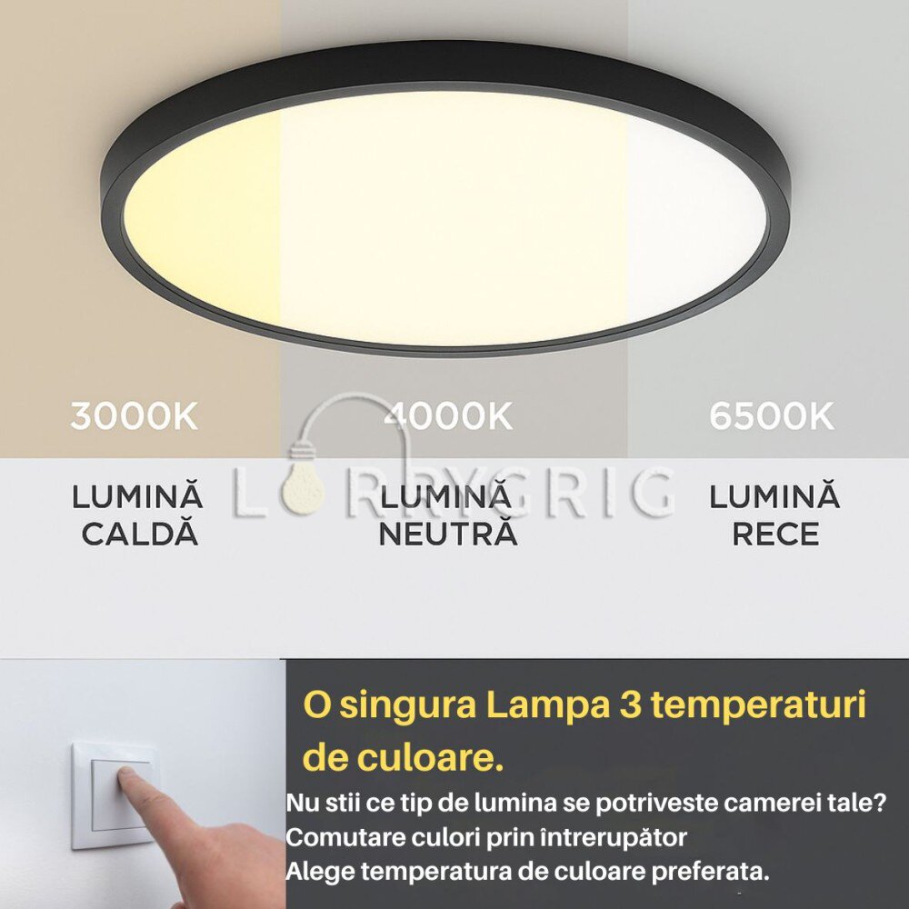 Plafoniera LED Baie 50CM, 40W, 3 tipuri de lumina, IP40, Negru
