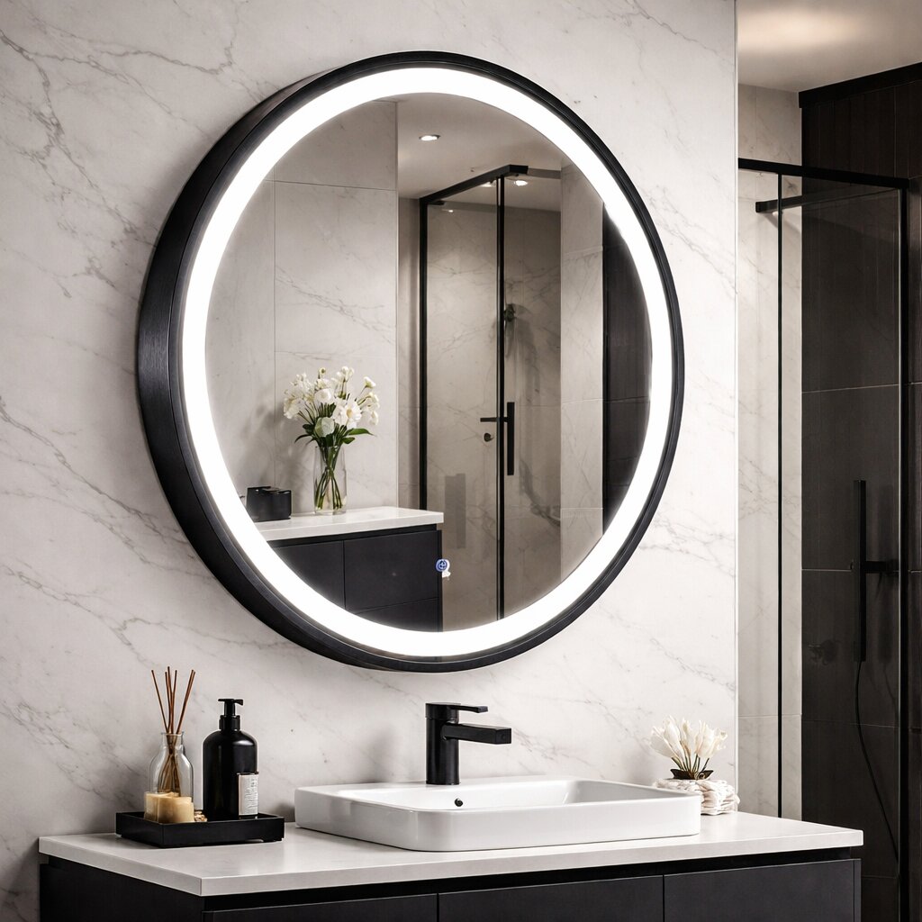Oglinda LED Rotunda 60cm, Rama Neagra, 4000K, cu Buton Touch